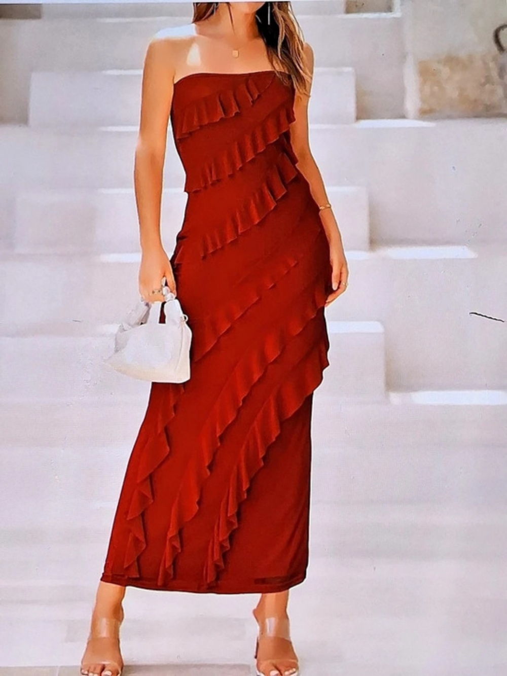 BTFBM womens Strapless Ruffle Maxi Dress Size M Rust Solid Flowy New Summer